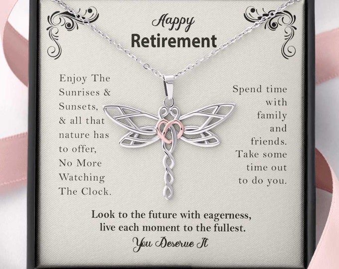 Happy Retirement Gift Enjoy The Sunrises Dragonfly Necklace | Retirement Necklace for Women: Colleagues, Leave Job, Jewelry from Coworkers