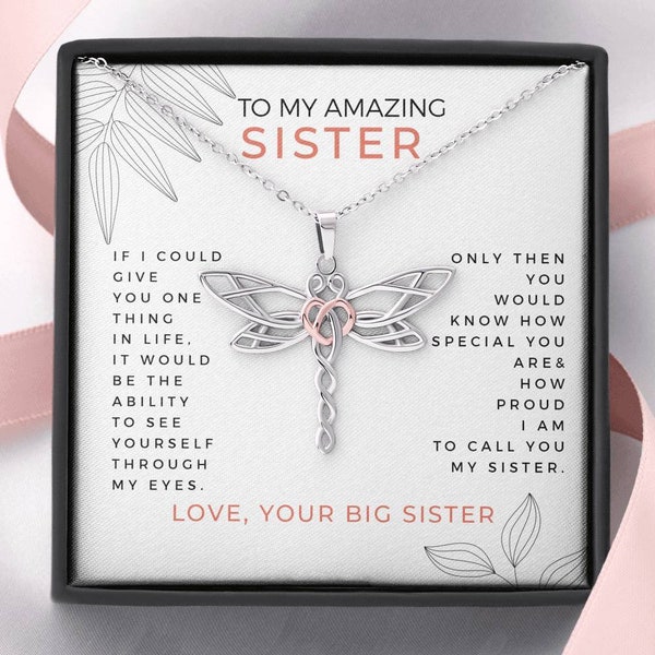 To My Amazing Sister, Love Your Big Sister Dragonfly Necklace | Gift for Little Sister | Sister Birthday, Graduation, Christmas Gift