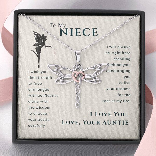 To My Niece, Live Your Dreams Dragonfly Necklace | Gift for Niece from Aunt | Niece Birthday, Graduation, Christmas Present