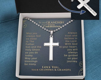 To Our Grandson On Your First Communion Cross Necklace Gift,  From Grandparents First Communion Gift, Catholic First Communion
