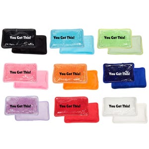 May include: A collection of nine gel packs in various colors, each with the text "You Got This!". The packs are rectangular and filled with small, clear beads. Colors include black, blue, green, pink, orange, navy, purple, red, and white.
