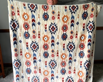 Southwest Sherpa Blanket,Handmade Minky Sherpa Blanket,American Indian Design,Large Handmade Blanket,Sherpa Aztec Throw Blanket Gift Her