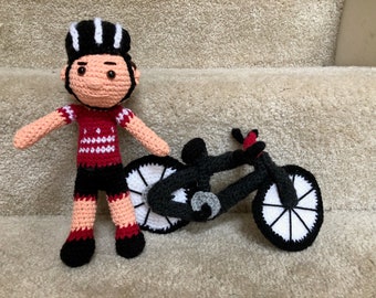 Personalized Crochet Cyclist Doll & Bicycle Set: Handmade Custom Toy