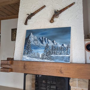 Swiss large alpine mountain painting winter snowy landscape in oil on canvas Swiss nature scene wall art from Switzerland