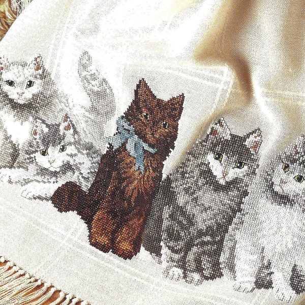 Vintage Cross Stitch Pattern PDF Instant Download Fluffy Kittens Afghan