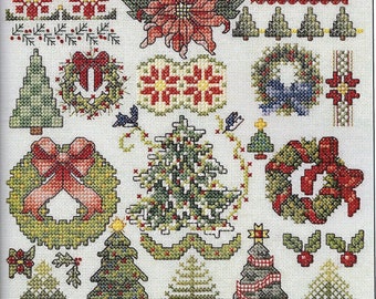 Könnte beinhalten: Eine Sammlung von 16 Kreuzstichmustern mit Weihnachtsmotiven. Die Muster umfassen Kränze, Weihnachtssterne, Bäume und Stechpalmen.