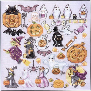 May include: A colourful cross-stitch pattern featuring various Halloween characters and objects, including witches, ghosts, bats, pumpkins, candy corn, and spiders.
