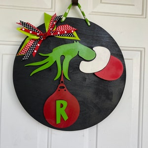 The Grinch Hand w/Initial Bulb 16&quot; Door Sign, Grinch Monogram Door Sign
