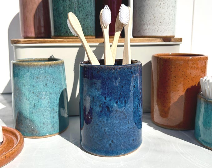 Handmade Speckled Ceramic Brush Holder: Colorful Bathroom Accessory, Makeup Brush, Toothbrush