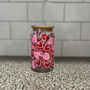 Pink and Red Hearts 16 oz Can Glass | Drink Tumbler Glass | Custom Drinkware | Custom Valentine&#39;s Day Gift | Cute Valentine&#39;s Day Coffee Cup