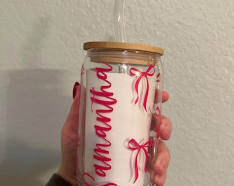 Personalized Bows Can Glass | Drink Tumbler Glass | Custom Drinkware | Custom Cup | Christmas Stocking Stuffer and Gift Ideas