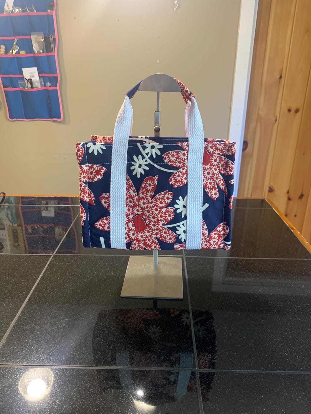 Navy and Red Floral Canvas Tote Bag With Top Handles - Etsy