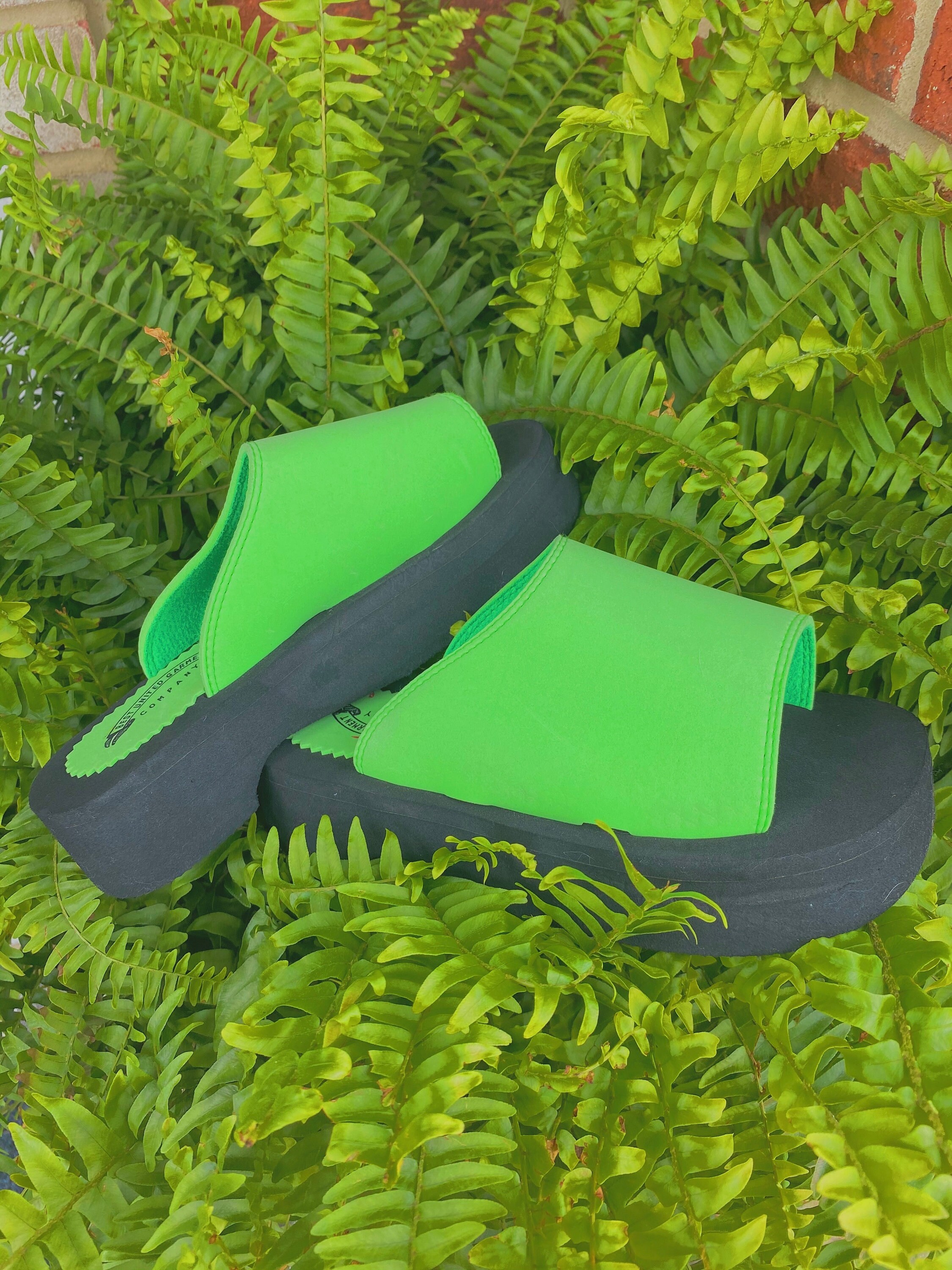 green platform flip flops