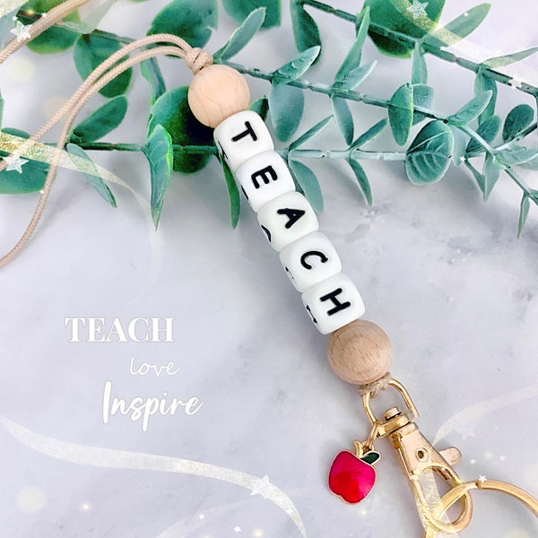 Teach, Inspire, Be Kind Lanyards | ID Badge and Keys Holder | Natural Wooden & Silicone Beads | Teacher/Nurse Lanyard | Keychain | Gift