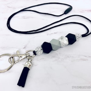 Badge d'identification et lanière porte-clés | Design bleu, marbre et gris élégant | Perles de silicone et de verre | Porte-clés | Lanière d'infirmière pour enseignante | Cadeau