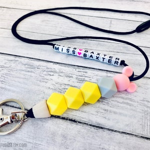 Mickey Yellow Pencil | ID Badge and Keys Holder Lanyard | Keychain | Wood and Silicone Beads | Teacher Nurse Lanyard | ID Card Holder