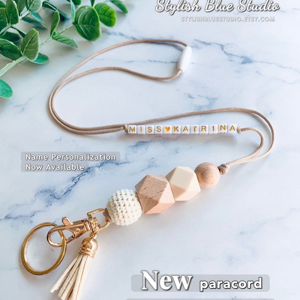 ID Badge and Keys Holder Lanyard | Natural Wood Designs with Paracord Cord | Wooden & Silicone Beads | Teacher/Nurse Lanyard | Keychain |