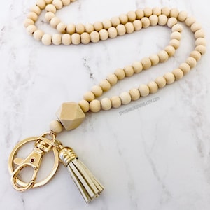 Lanière d'identification et de clés en bois naturel avec perles | Hexagone en bois | Porte-badge | Lanière pour professeur | Lanière d'infirmière | Cadeau pour elle