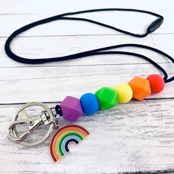 Rainbow ID Badge and Keys Lanyard | Beaded Keychain | Adult & Kids | Silicone Beads | Teacher Lanyard | ID Card Holder | Nurse Lanyard Gift