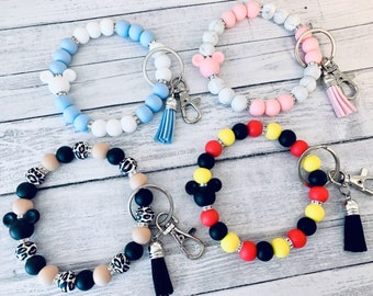 Keyring Wristlets with Rhinestones and Tassels | Mickey & Minnie | Keychain Bracelet | Silicone Beads | Keys Holder | Gift for Her