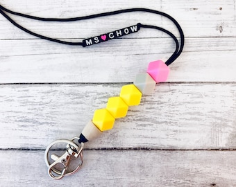 Stylish Yellow Pencil Design | ID Badge & Key Holder | Wood and Silicone Beads | Teacher Nurse Lanyard | ID Card Keychain | Sanitizer Hanger