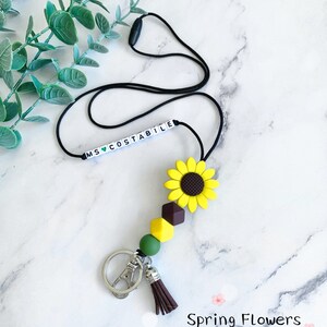 Badge d'identification fleurs printanières et lanière pour clés | Collier tournesol | Porte-clés en perles | Perles en silicone | Lanière pour professeur | Lanière d'infirmière