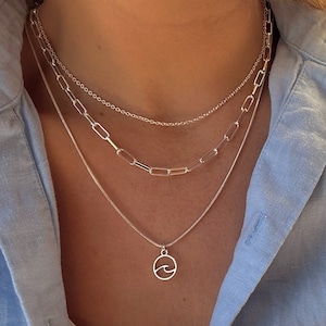 Three layered Silver necklace set- Coastal Ocean Wave-Minimalist- Multi layer traveller choker