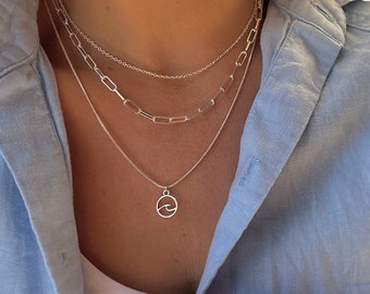 Silver triple layered choker set-Three chains with beach pendant-Silver Ocean wave-Everyday Minimalist Multi strand-Dainty Summer jewelry