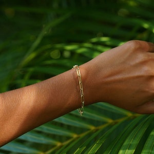 May include: A gold chain bracelet with a simple, linked design. The bracelet is worn on a person's wrist against a green leafy background.