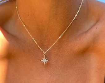 Gold diamond North star choker-Layering North arrow-Minimalist stacking set-Celestial compass pendant-Compass travel gift-Polaris north star