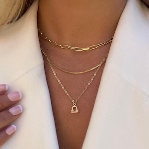 14K Gold Plated Layered Necklace Set: Zodiac Pendant, Dainty Stacking Chains