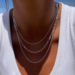 Silver three layered choker set-Set of three chains-Dainty triple silver tiered chain-Long Paper clip-Everyday Minimalist Multi strand set