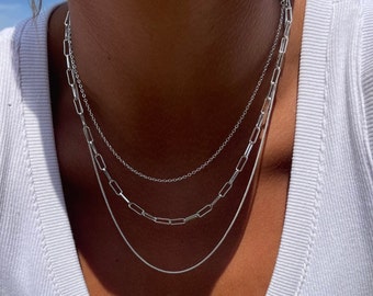 Silver three layered choker set-Set of three chains-Dainty triple silver tiered chain-Long Paper clip-Everyday Minimalist Multi strand set