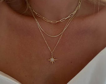 Dainty Layered Necklace Set - Gold Paperclip, Snake Chain & Initial Pendant