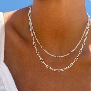 Silver Layered Necklace Set of two chains: Paperclip Chain Choker