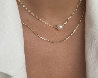 Delicate 14k gold layered Pearl choker-Set of Two necklaces-Double chain with Pearl-minimalist white pearl-Boho multi strand stacking set