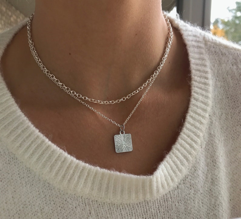 Double Layered necklace set-Square plate necklace-Set of 2 chains-Square Medallion tile-Dainty Everyday geometric Multi strand set