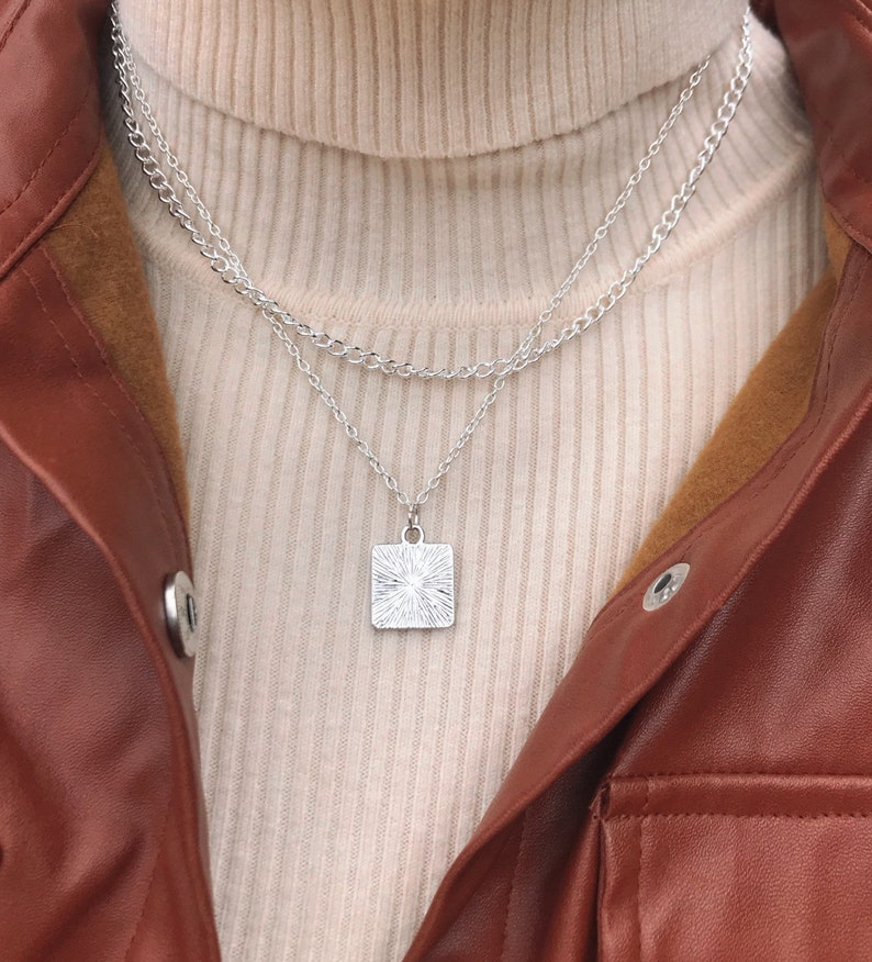 Double Layered necklace set-Square plate necklace-Set of 2 chains-Square Medallion tile-Dainty Everyday geometric Multi strand set