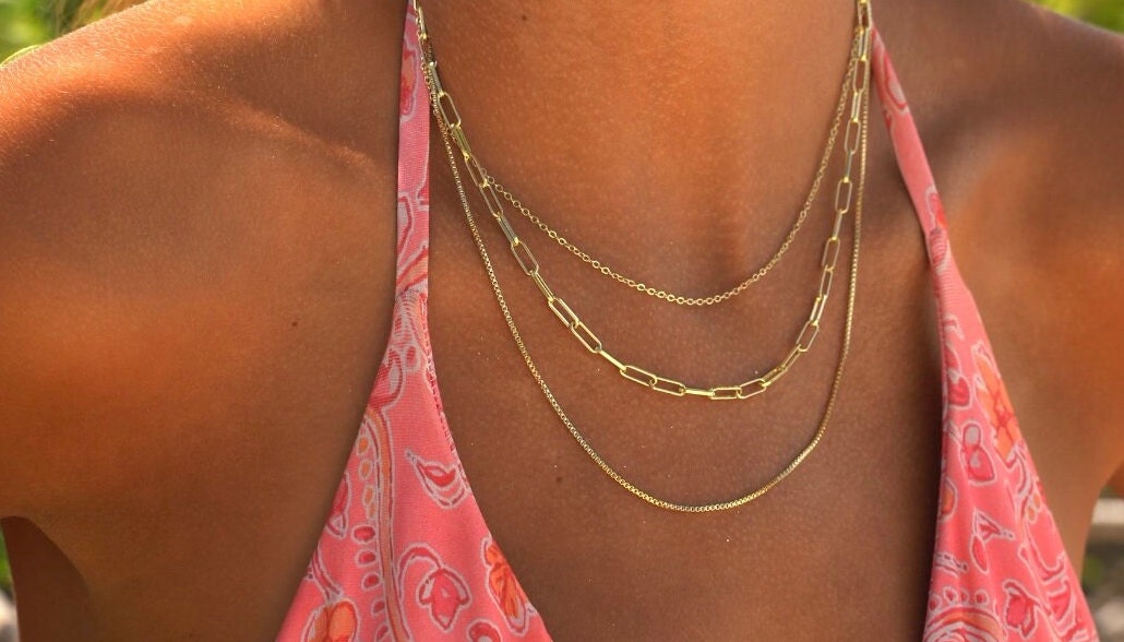 3 Gold Chain Layering Necklaces in One Necklace. Plain Gold Chain, Gol —  Barlow Blue