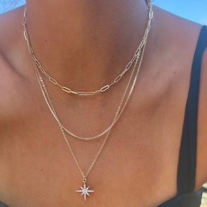 Triple gold layer set-Set of three 14K necklaces-Dainty Compass charm-Diamond North Star pendant-Gold multi stacked-Boho three gold chokers image 6