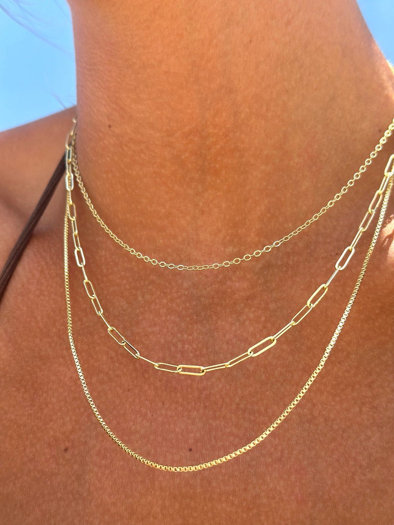 14k gold layered necklace set-Three gold stacking chain set-Dainty triple snake chains-Multi layer paperclip-Everyday fashion-gift for her image 2