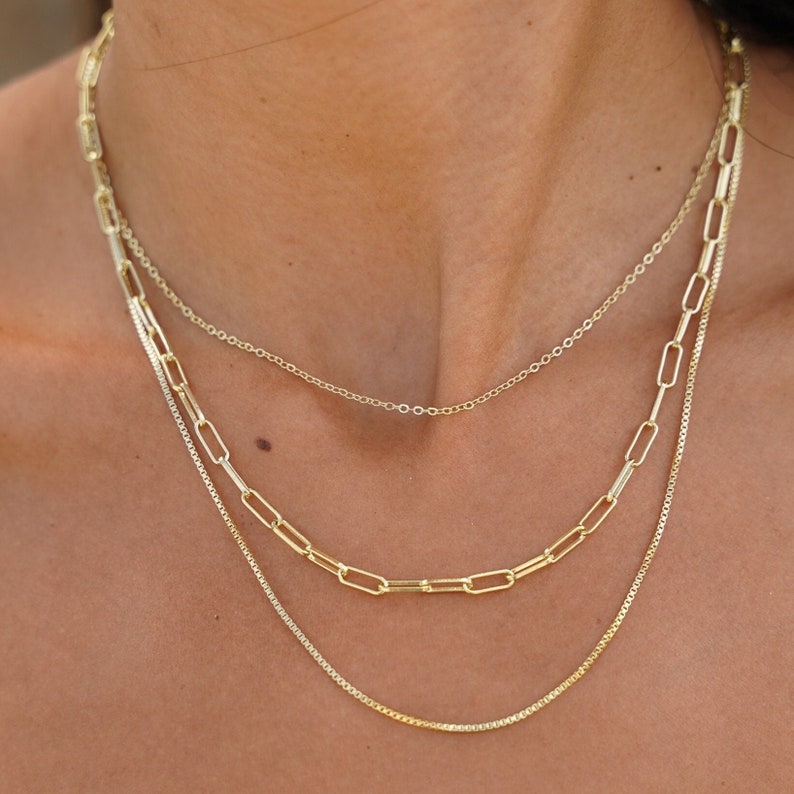 14k gold layered necklace set-Three gold stacking chain set-Dainty triple snake chains-Multi layer paperclip-Everyday fashion-gift for her image 7