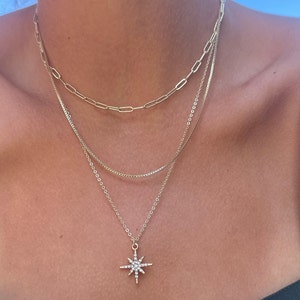 Triple gold layer set-Set of three 14K necklaces-Dainty Compass charm-Diamond North Star pendant-Gold multi stacked-Boho three gold chokers image 8