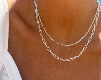 Double layered silver choker set- Two stacking chains-Chunky Paperclip everyday chain- Multi-chain choker-Minimalist dainty necklace set