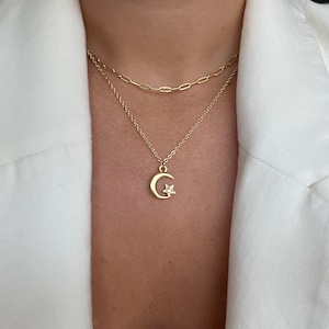Gold Layered Moon Star Pendant Necklace Set: Paperclip Choker