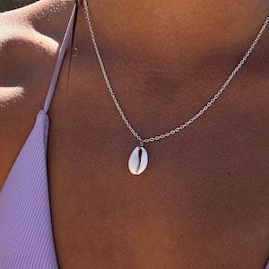 May include: A silver chain necklace with a white seashell pendant.