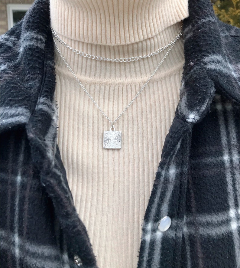 Double Layered necklace set-Square plate necklace-Set of 2 chains-Square Medallion tile-Dainty Everyday geometric Multi strand set