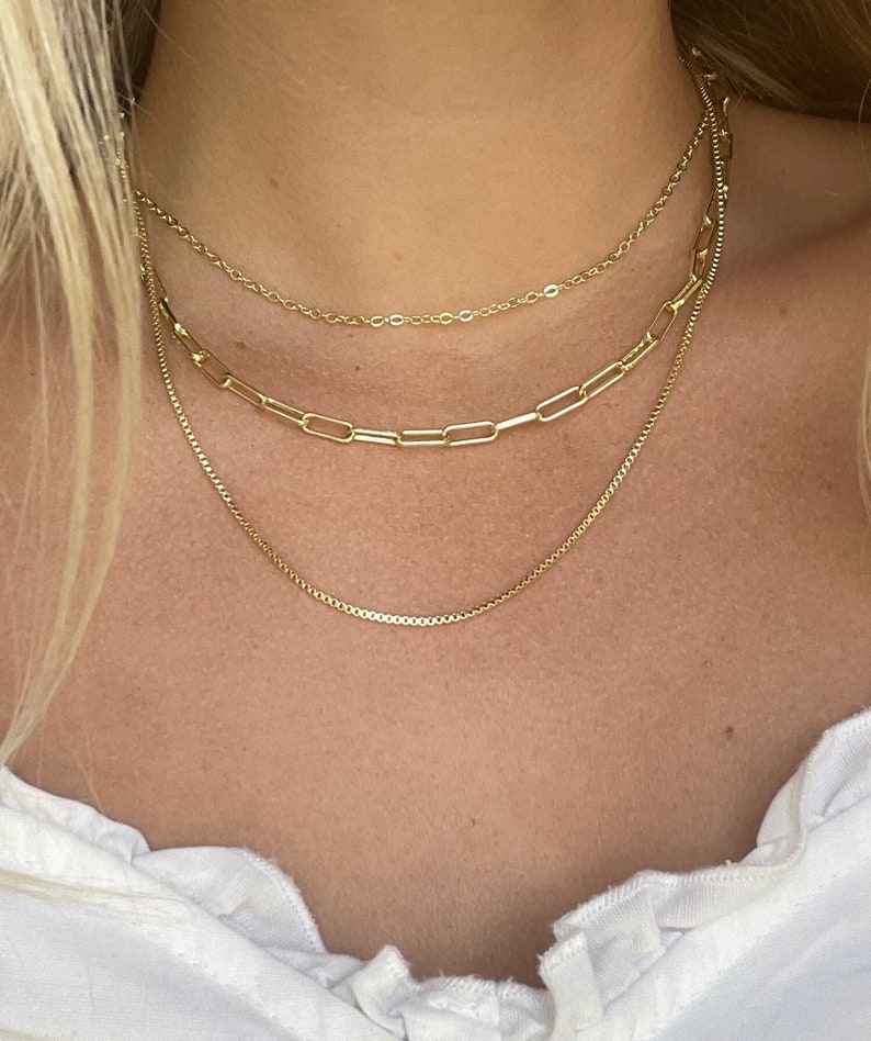 14k gold layered necklace set-Three gold stacking chain set-Dainty triple snake chains-Multi layer paperclip-Everyday fashion-gift for her image 10