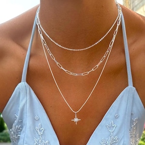 Triple Silver Layer necklace set-Three chain choker-Diamond North Star compass pendant-Multi stacked minimalist boho chain-Gift for women