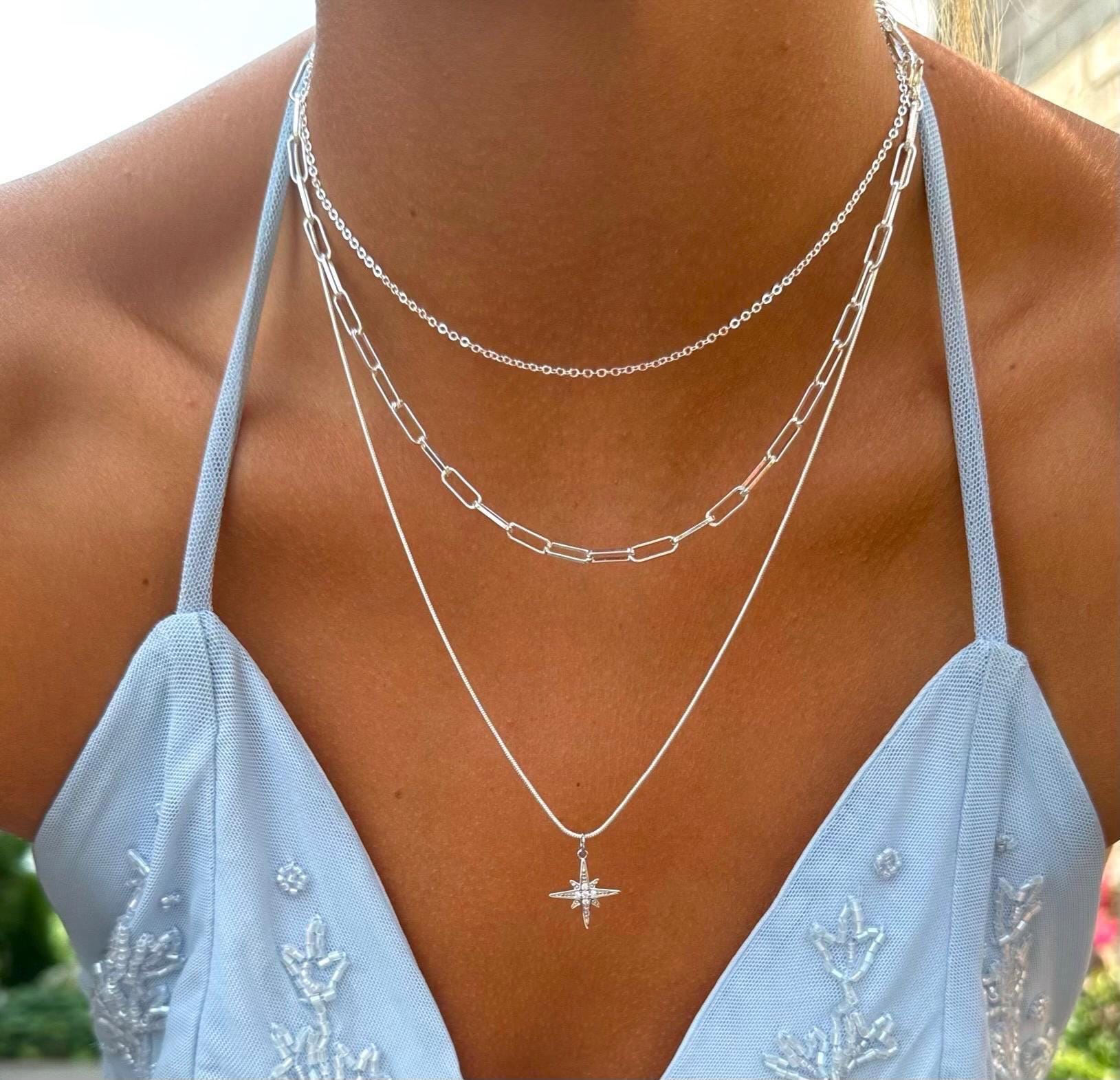Triple Silver Layer necklace set-Three chain choker-Diamond North Star compass pendant-Multi stacked minimalist boho chain-Gift for women